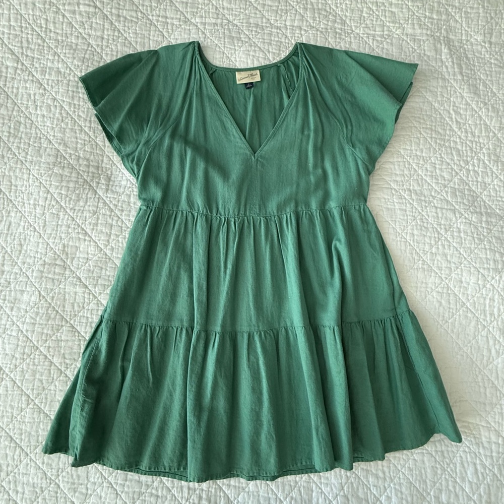 Green V-Neck Tiered Dress Cotton/Rayon Blend - Picture 1 of 9
